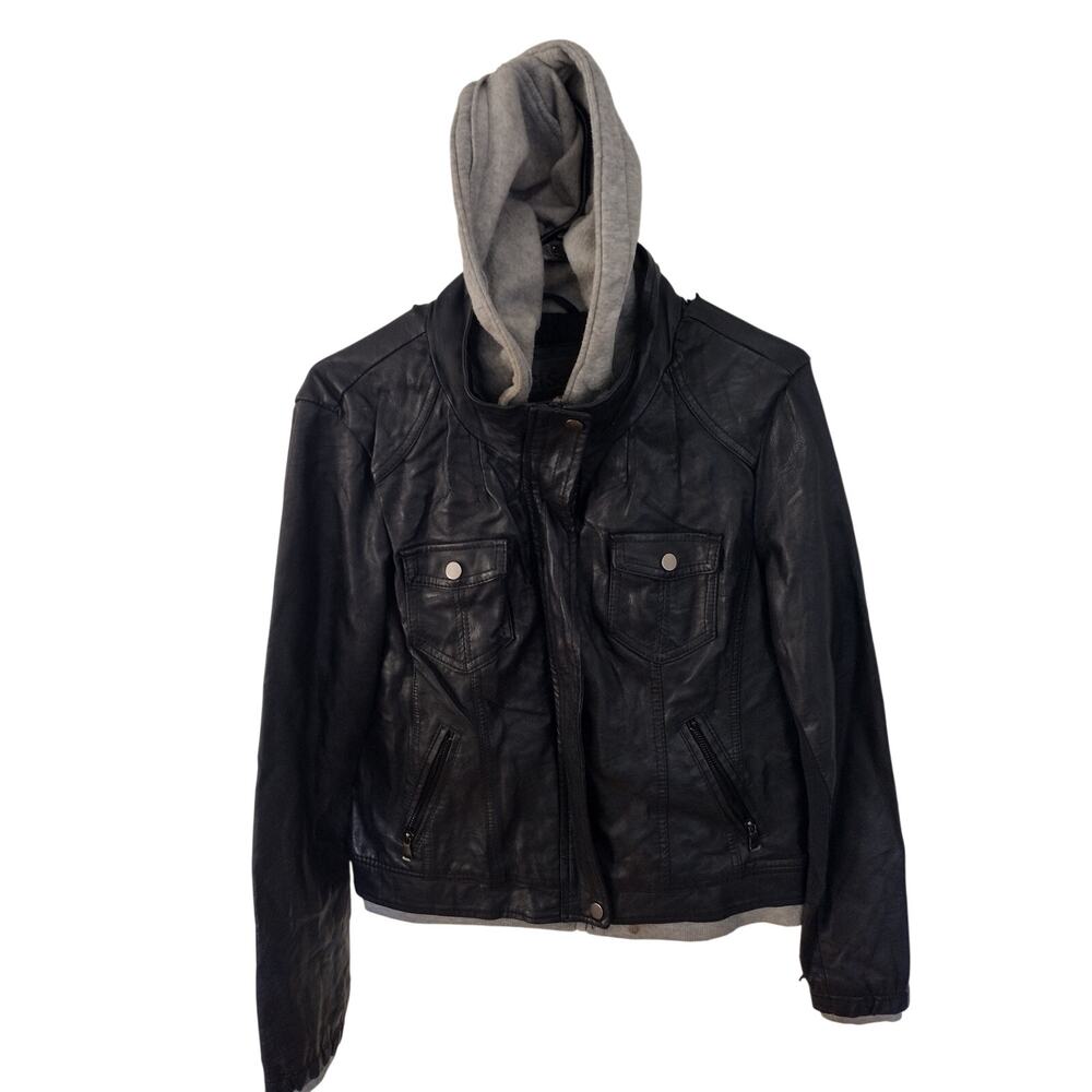 Ci Sono by Cavalini Black Vegan Leather Moto Jacket XL | Hooded Biker Coat